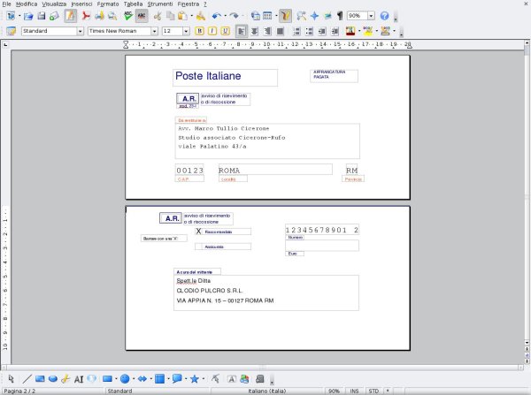 Modello OpenOffice per la compilazione dell'avviso di ricevimento non prioritario